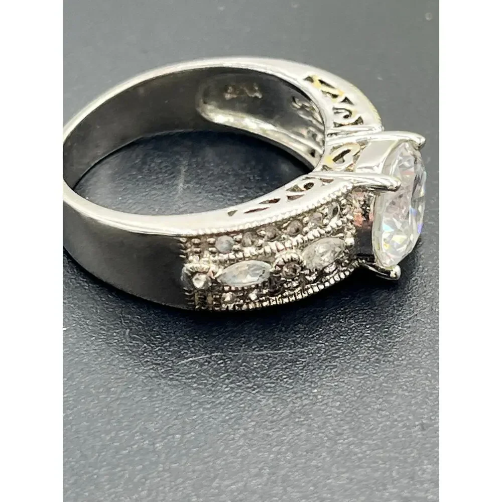 PP Signed 925 Sterling Silver Large Round CZ Engagement Promise Ring Sz‎ 9.5